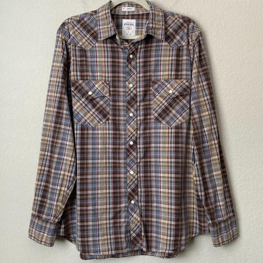 Fossil Plaid Pearl Snap Rodeo Western Cotton Vintage Fit Shirt